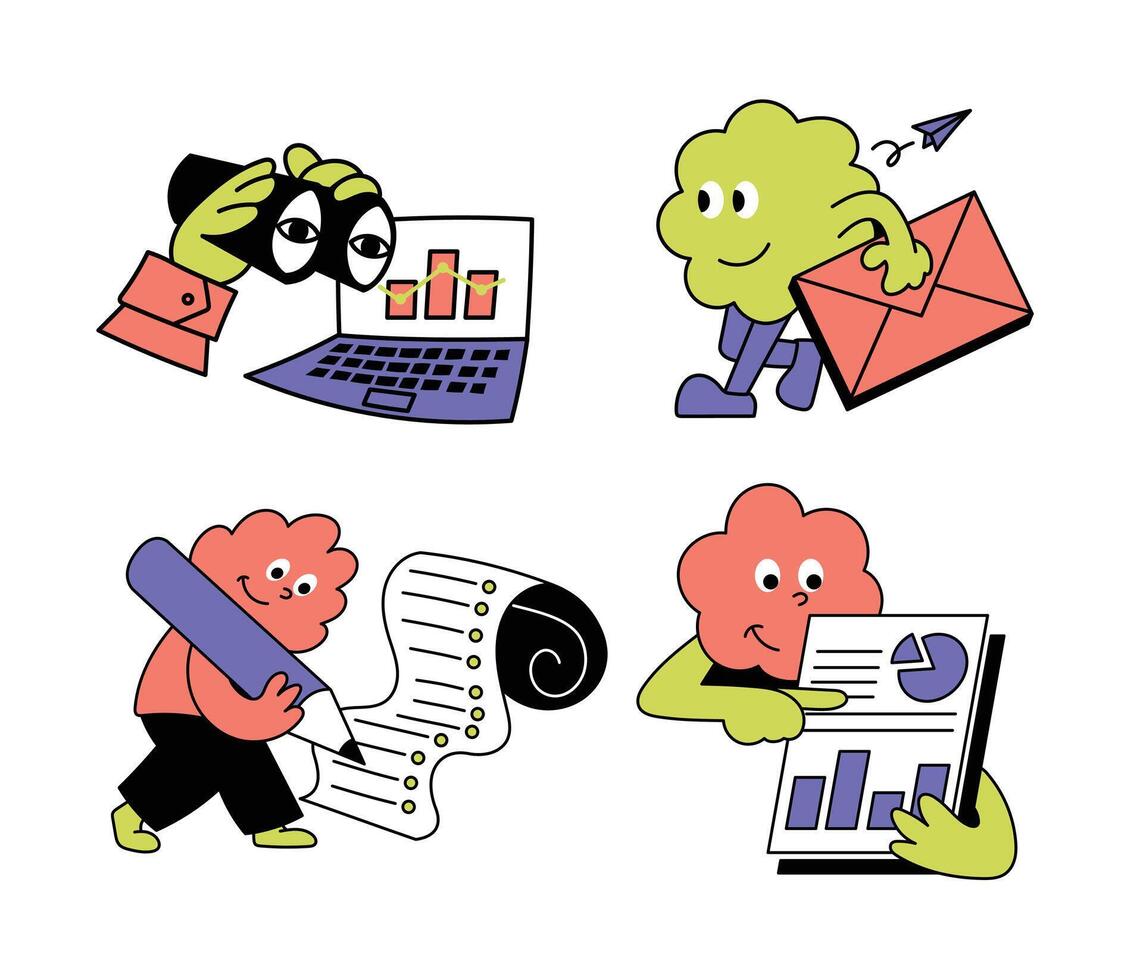 Digital Marketing Business with images of Character with envelope of mail and Data Analytics Flat illustration vector