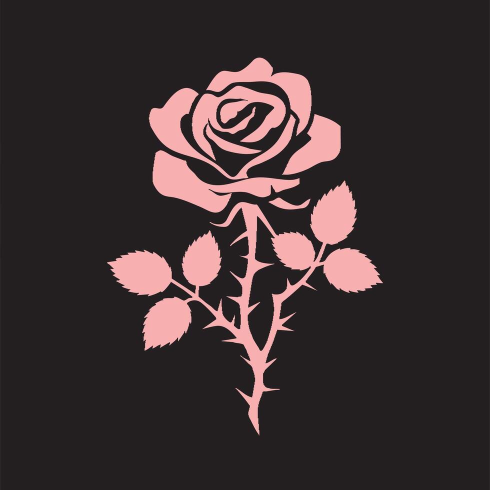 Elegant Pink Rose Flower Silhouette with Thorns and Leaves vector