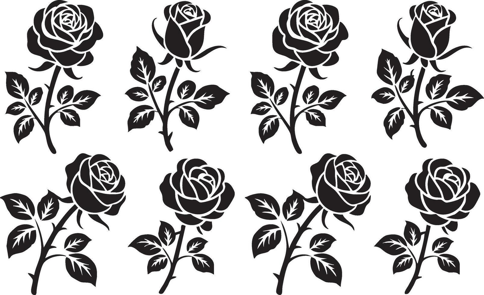 Elegant Collection of Eight Rose Silhouettes Black and White Floral Designs vector