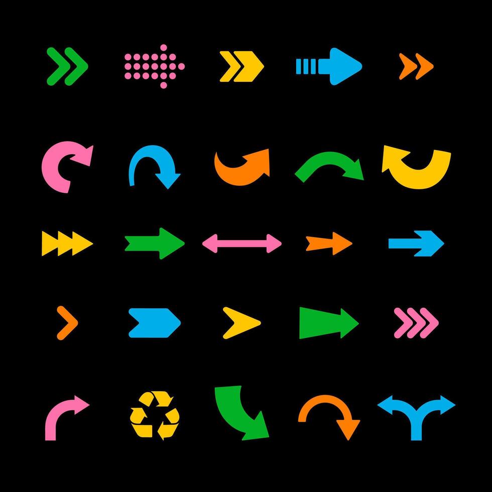 Colorful arrows set on dark background. Abstract icons in modern sketch style. Trendy Y2K retro pointers. Cartoon illustration vector