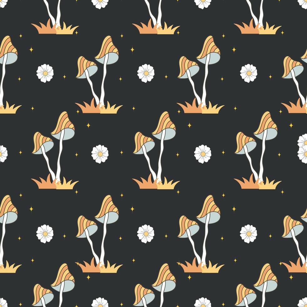 Seamless pattern with groovy mushrooms. vintage agaric. Hippie illustration in flat cartoon style. Psychedelic background vector