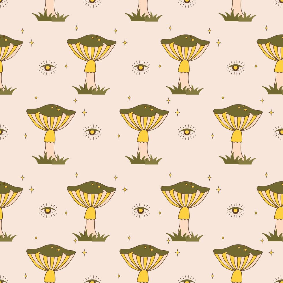 Seamless pattern with groovy mushrooms. Abstract agaric. Hippie illustration in flat cartoon style. Psychedelic background vector