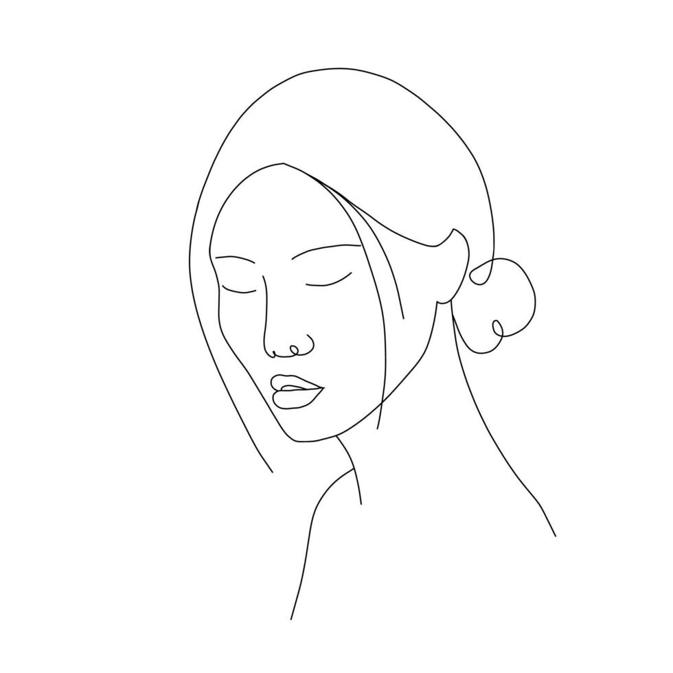 Asian woman face line art. Abstract minimal female portrait with closed eyes. Hand drawn outline female silhouette. illustration in one line style. Beauty logo vector