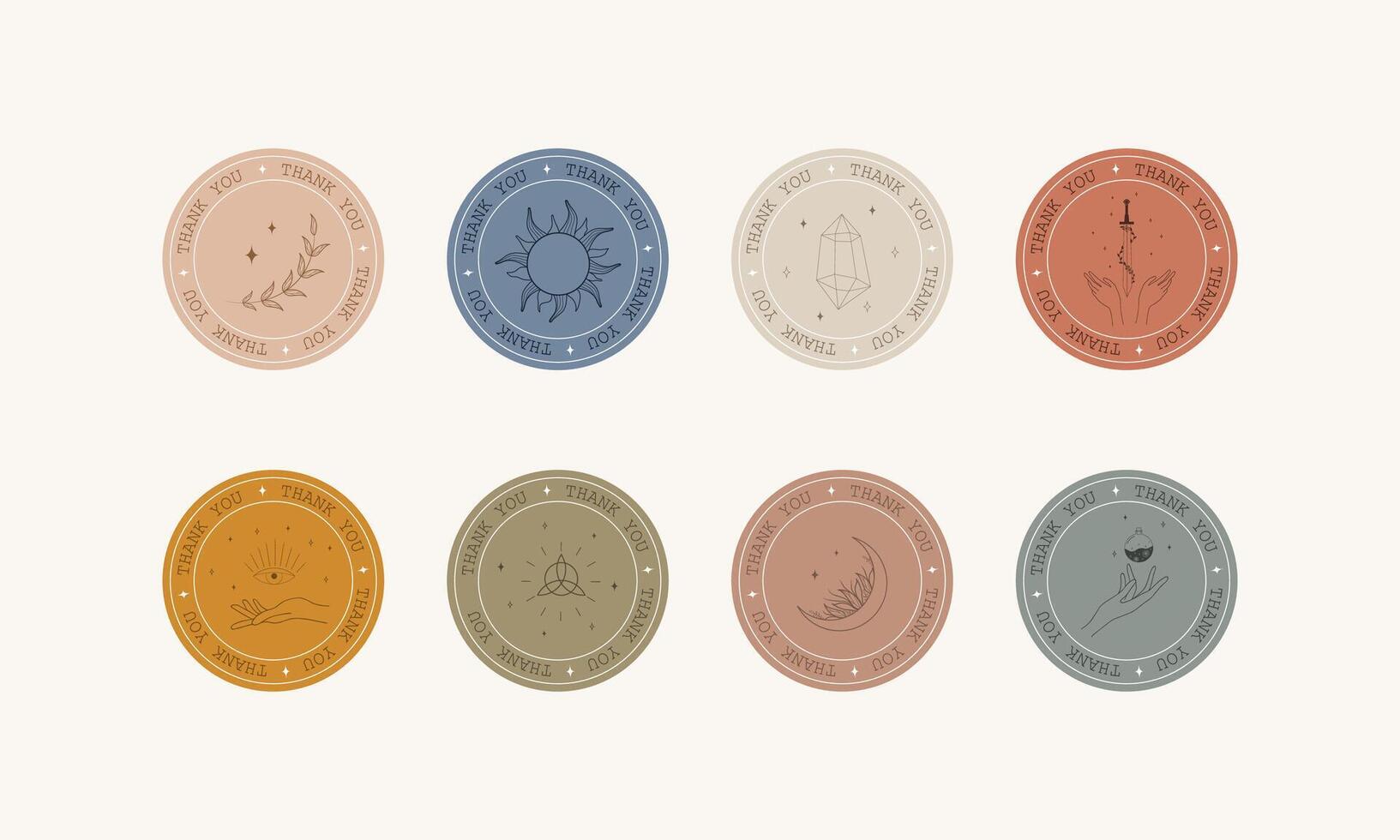 Set of boho Thank you badges, labels and stickers. Thank you for your order icons. Modern illustration in linear style. Use for tags, tissue paper, patterns and etc vector