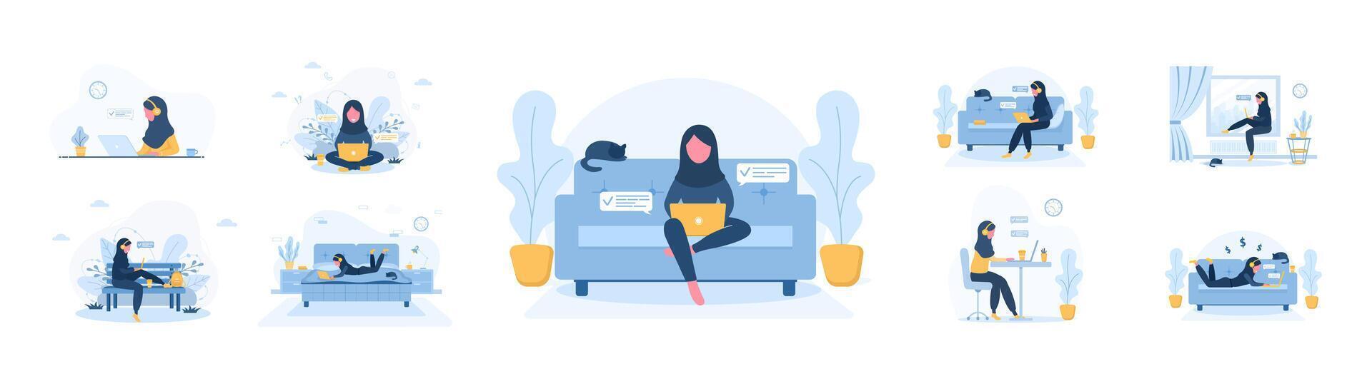 Work from home. Collection of women freelancer. Concept illustration for online working, studying, shopping, education. Girls with laptops chatting and blogging. illustration in flat cartoon style vector