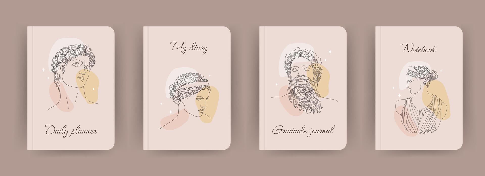 Cover page notebook collection. Templates with ancient greek gods in one line drawing style. Perfect for diary, books, magazines, journals, catalogs, planners and flyers. layouts vector
