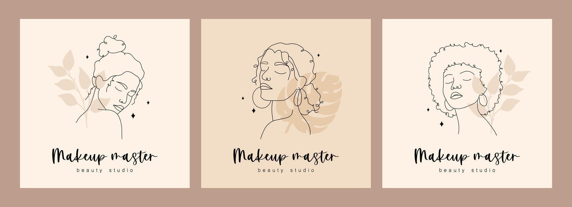 Set of logos design for beauty studio or makeup artist. Abstract woman faces with closed eyes. Hand drawn outline female silhouettes. illustration in one line drawing style vector