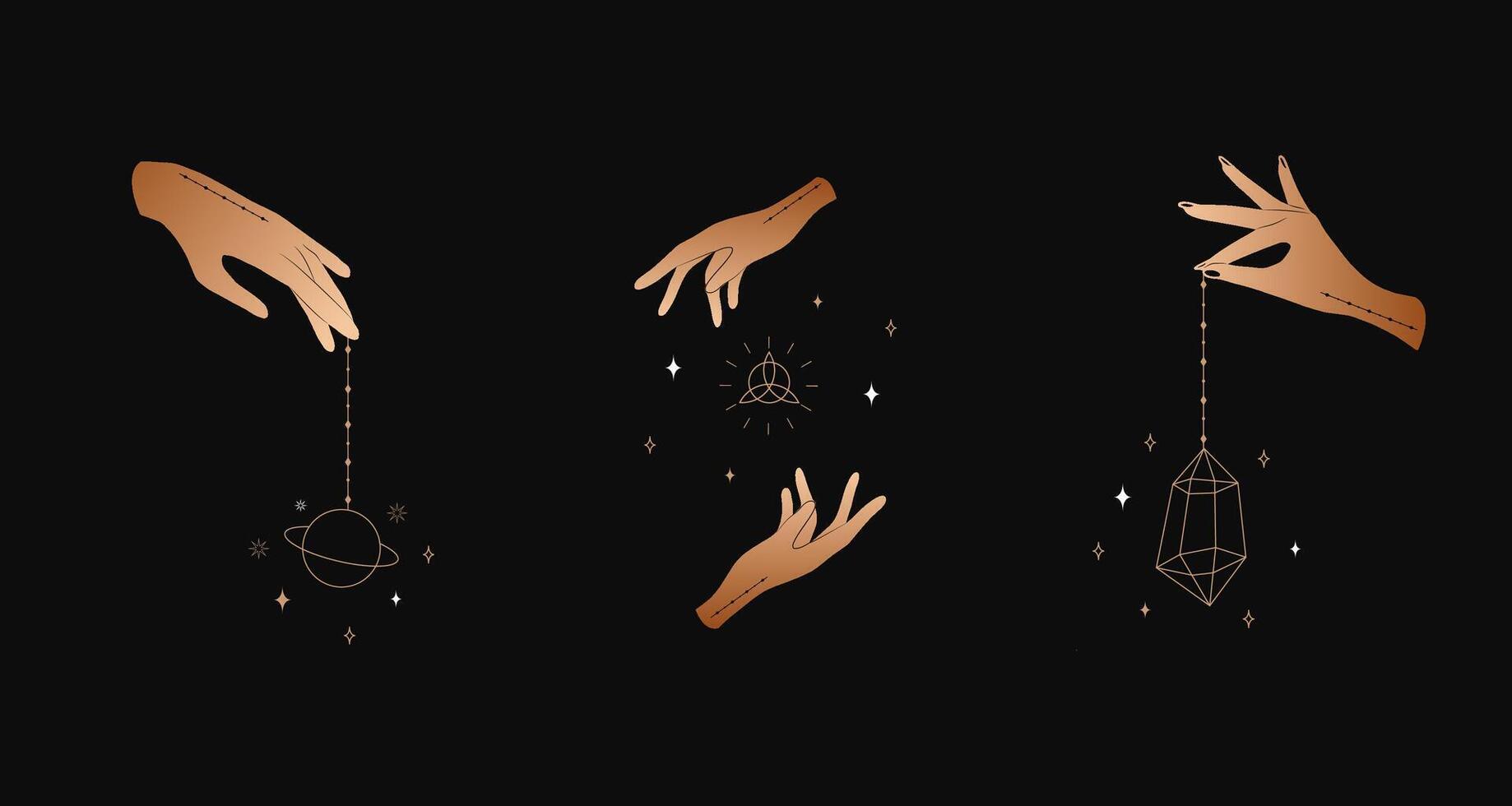 Bundle of female hands. Witch magic and occult collection. Different hand gestures with sword, stars and crystal. Abstract logo for tarot cards, logo, tattoo, spiritual poster. vector