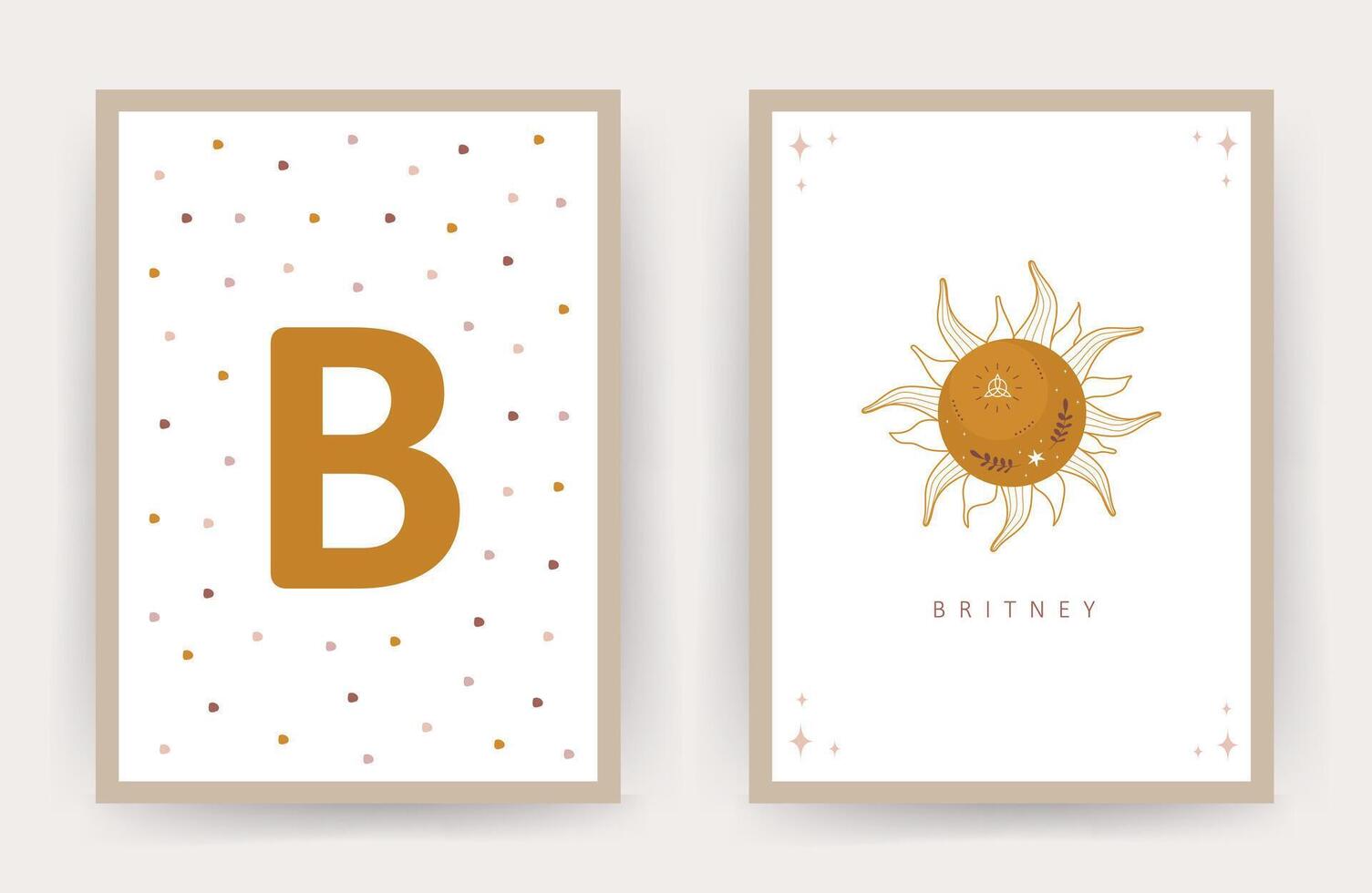 Boho sun. Posters with kid name. Scandinavian design for children room wall decor. Cute pastel illustration in cartoon style vector