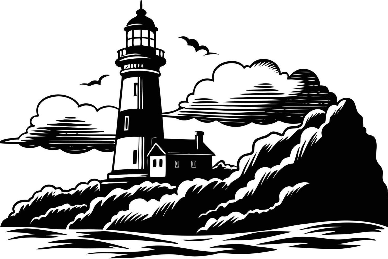 Lighthouse on rocky coast with house, black and white design vector