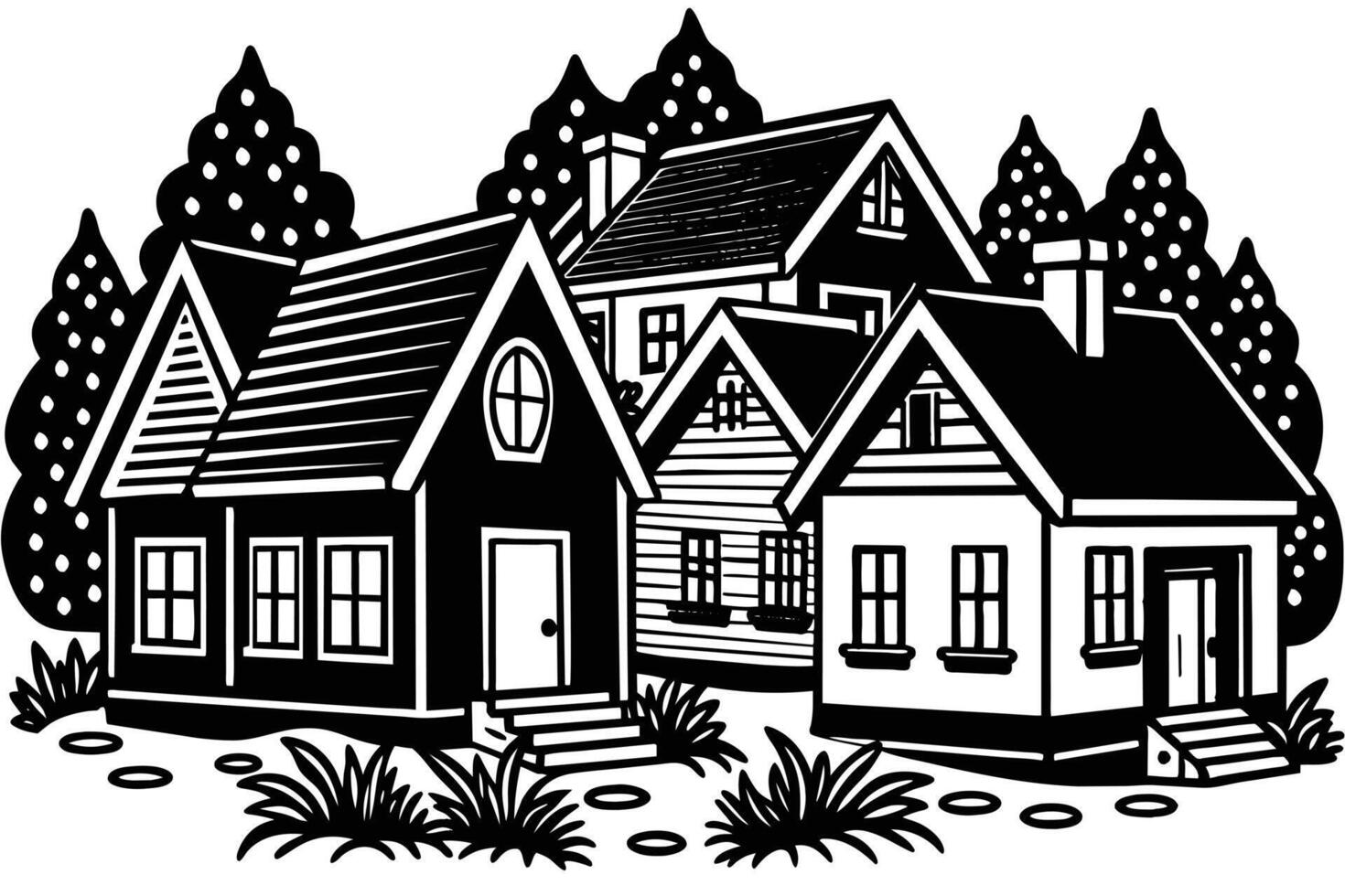 Illustration of houses among trees in black and white color scheme vector