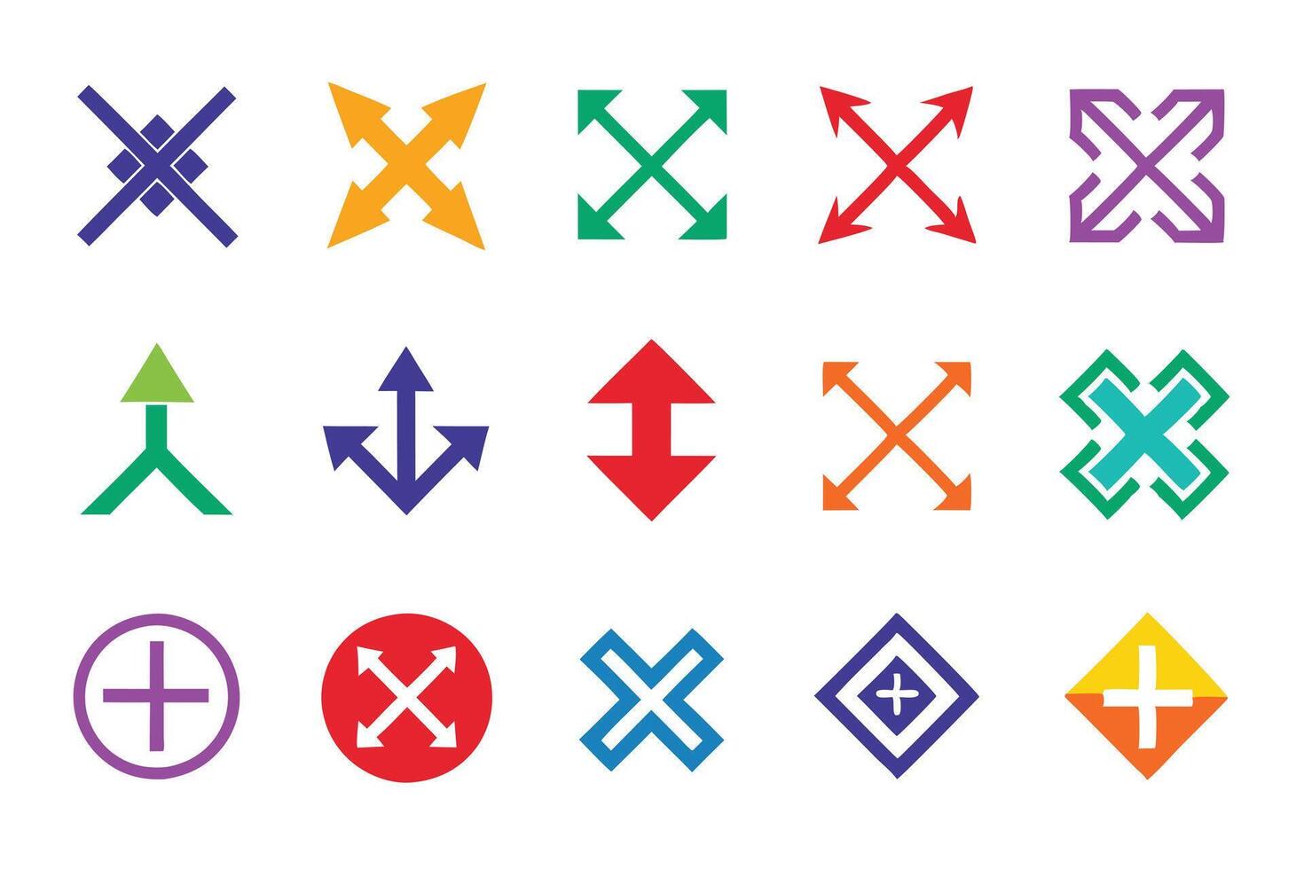 Colorful arrow icons and geometric shapes isolated on white background vector