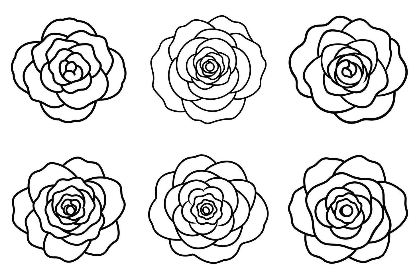 Six rose flower outlines isolated on white background, simple design vector