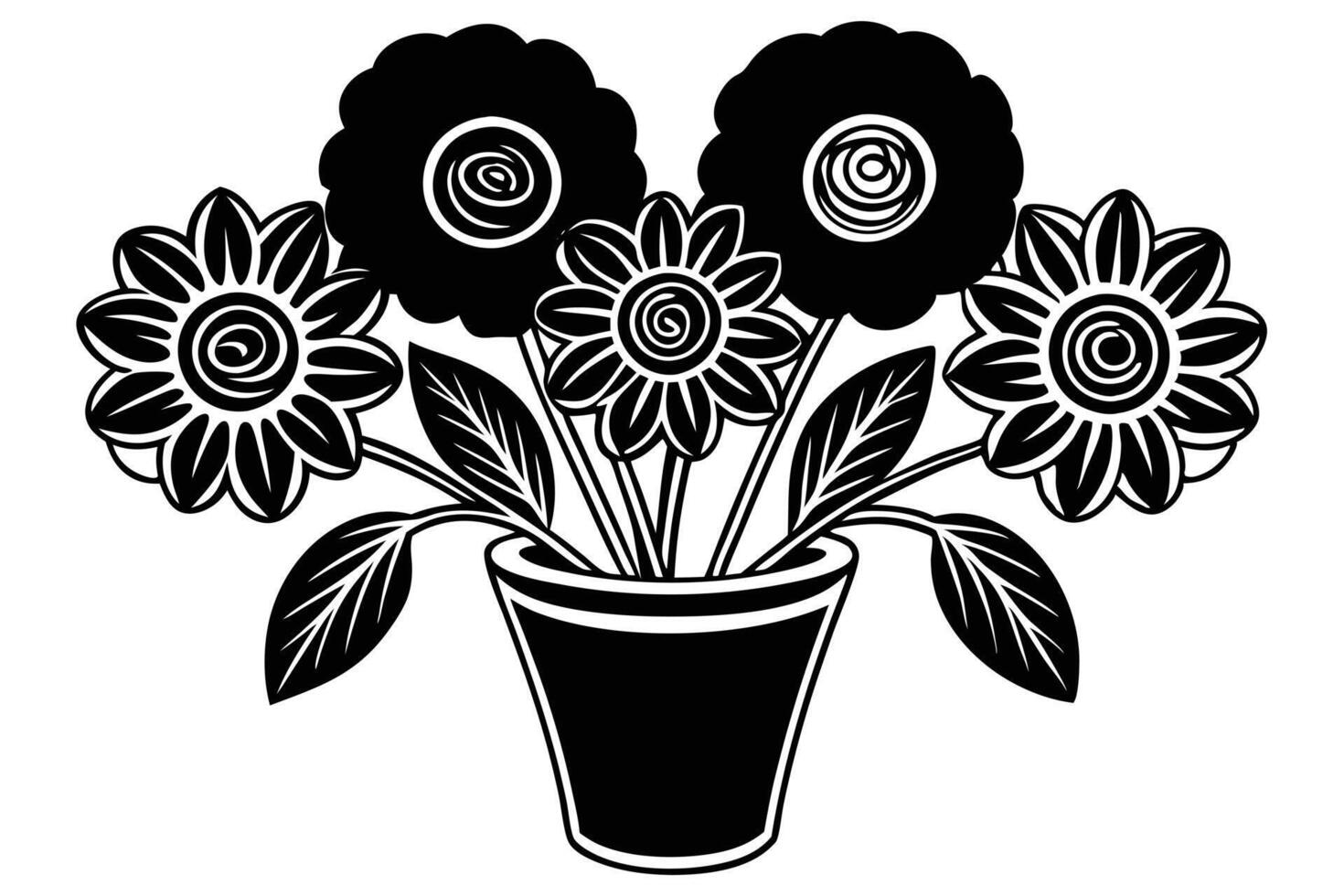 A three flower arrangements in vases, black and white illustration vector
