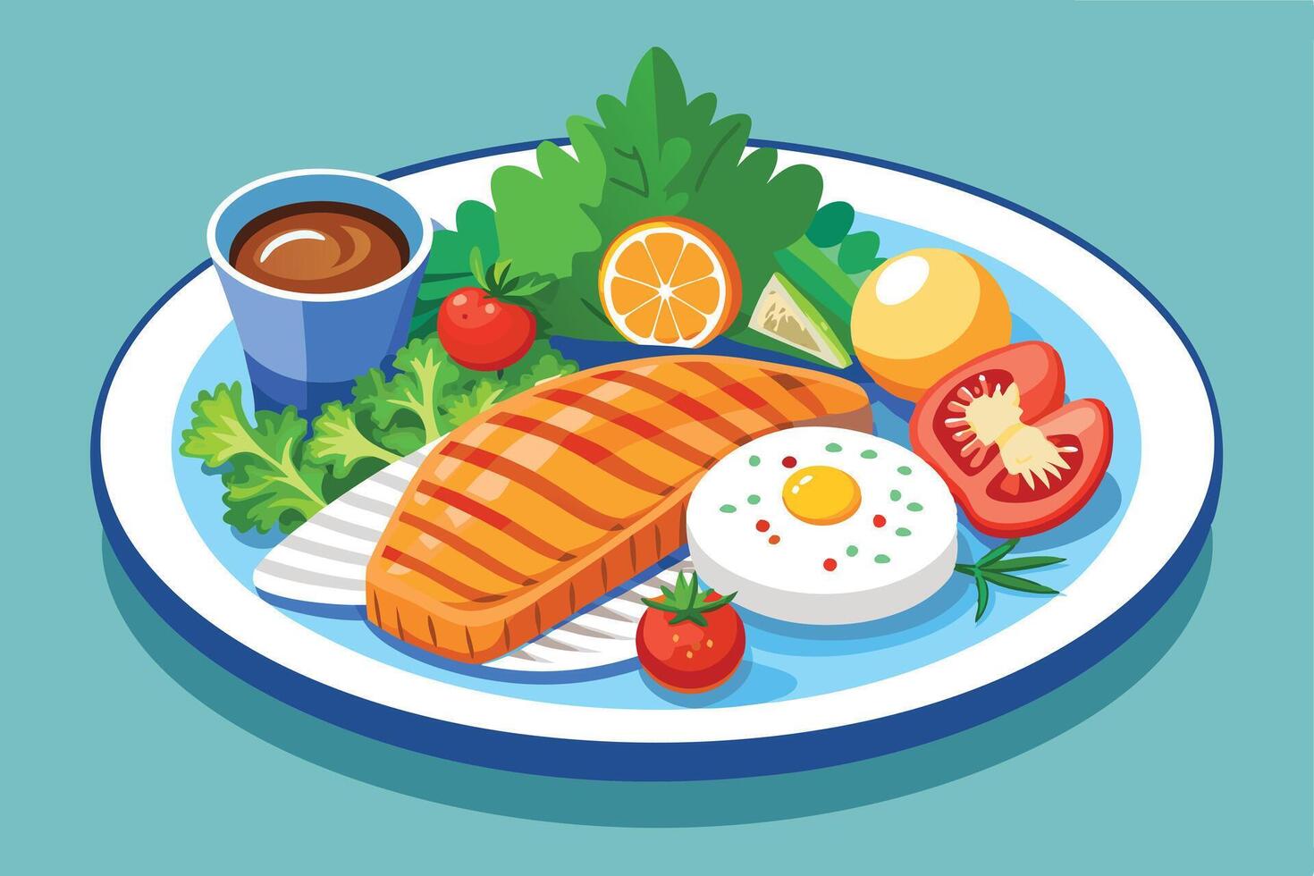 A Illustration of grilled salmon with rice and vegetables on a plate vector