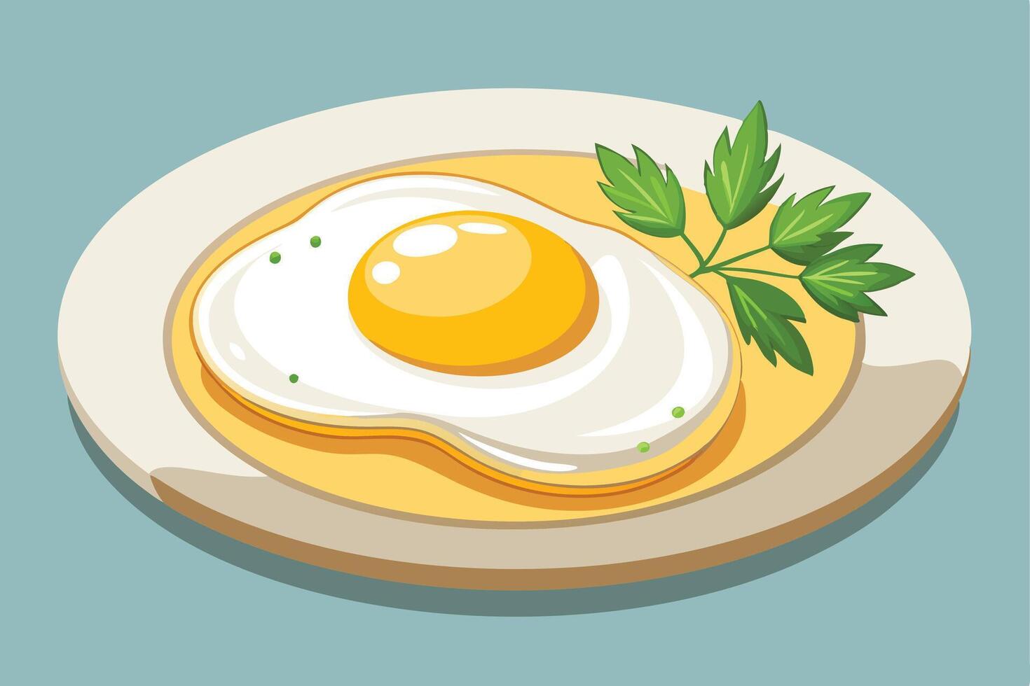A Fried egg with parsley on a plate cartoon illustration vector