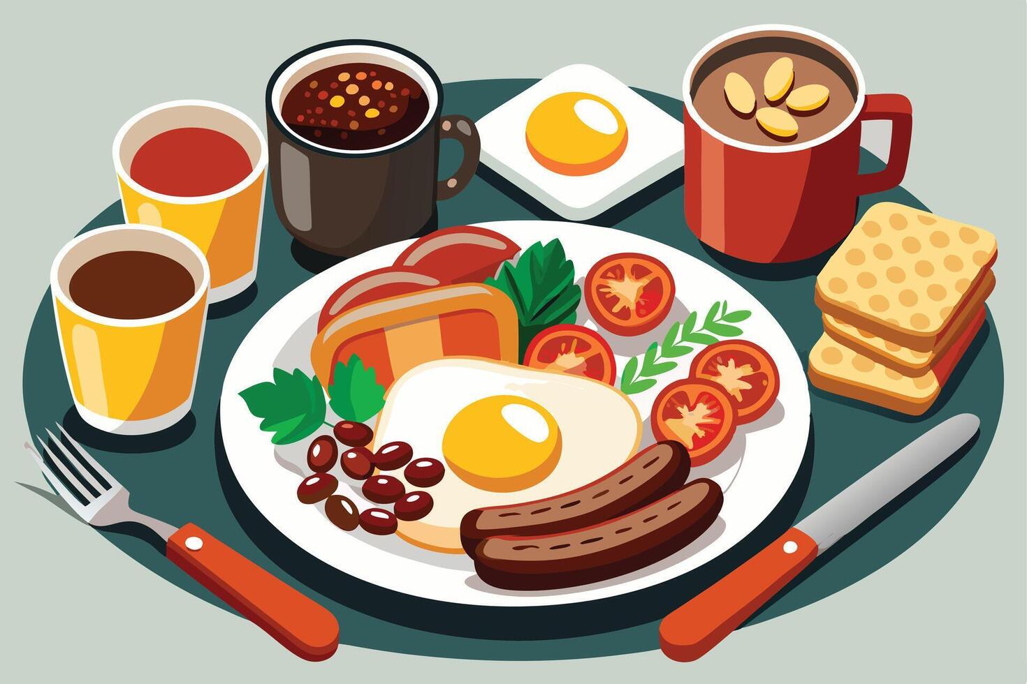 Breakfast foods and drinks illustration on blue background vector