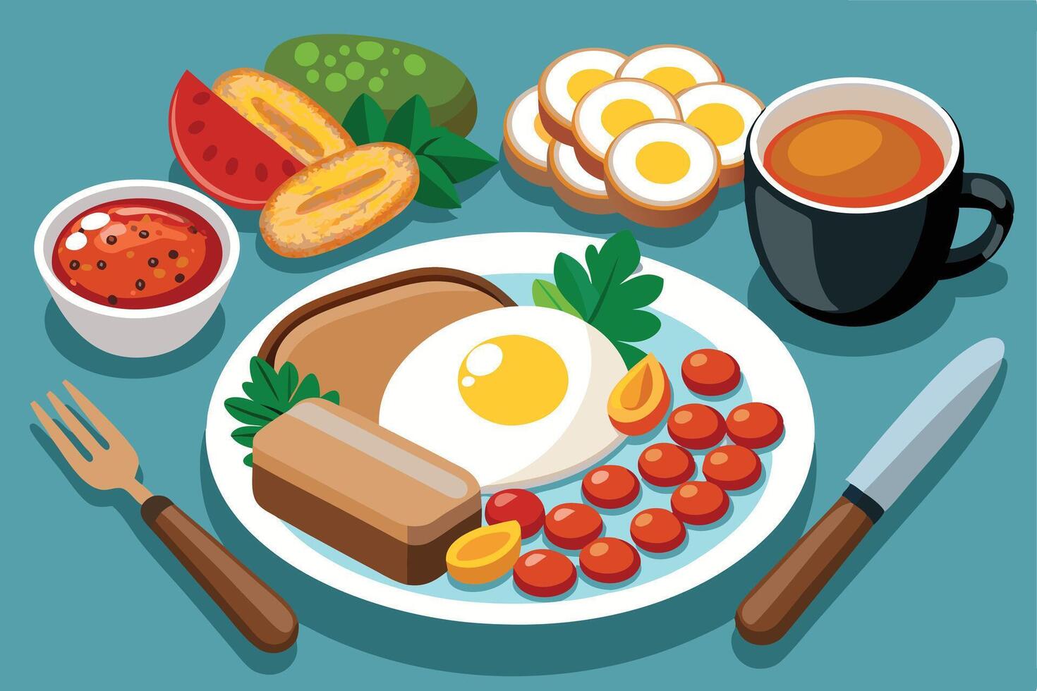 A Breakfast plate with egg, toast, tomato, and coffee illustration vector