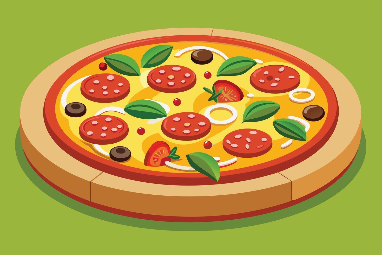 Cartoon style pizza with pepperoni, olives, basil, and onions on board vector