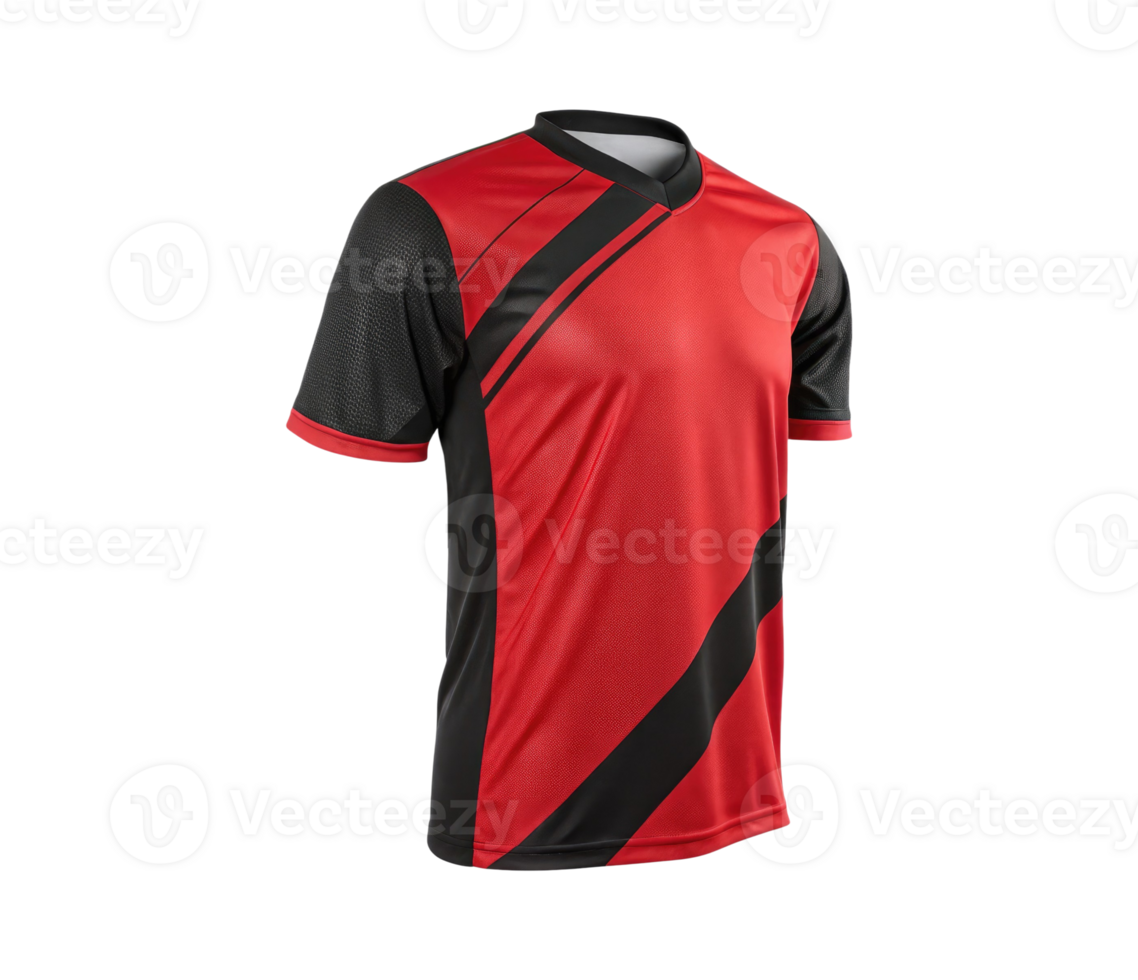 Stylish red and black jersey t-shirt template mockup for teams and clubs isolated on a transparent background png