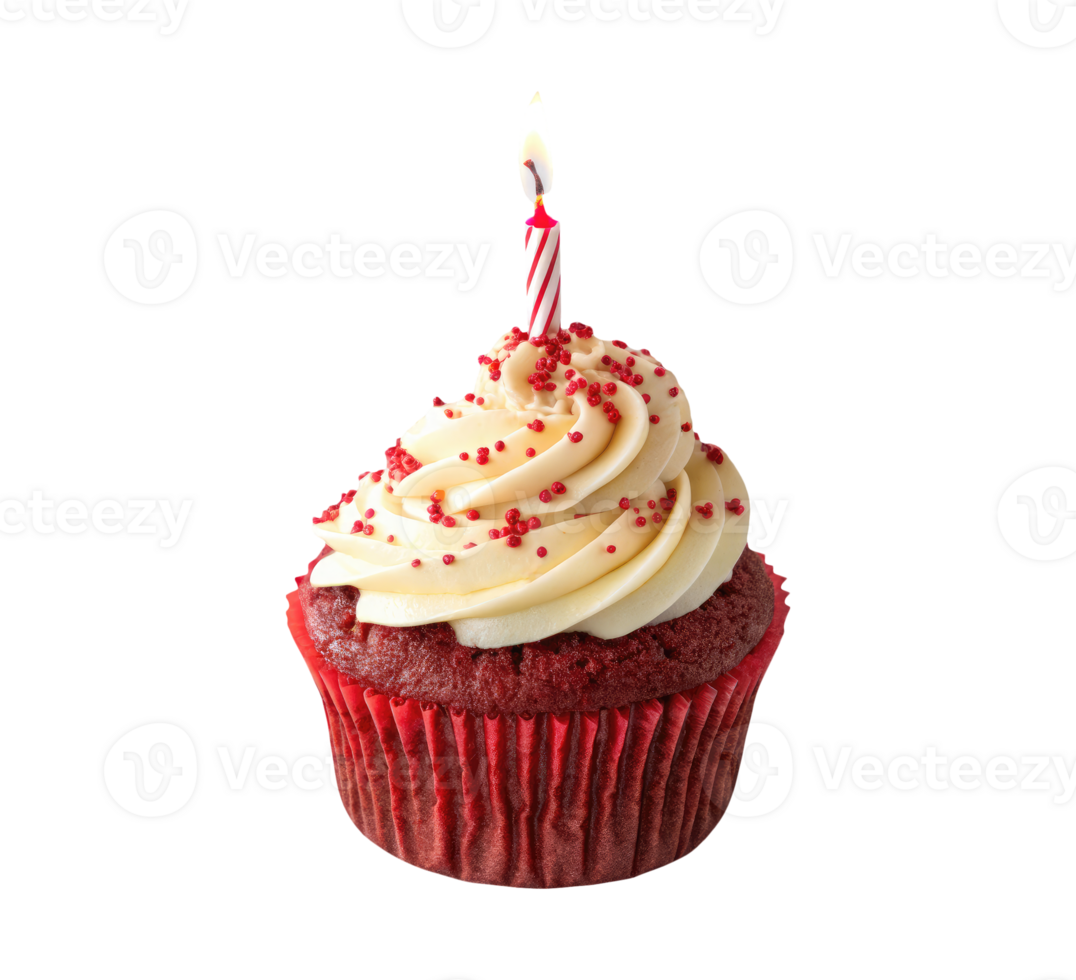 Red velvet cupcake with creamy frosting, red sprinkles, and a festive candle isolated on a transparent background food design png