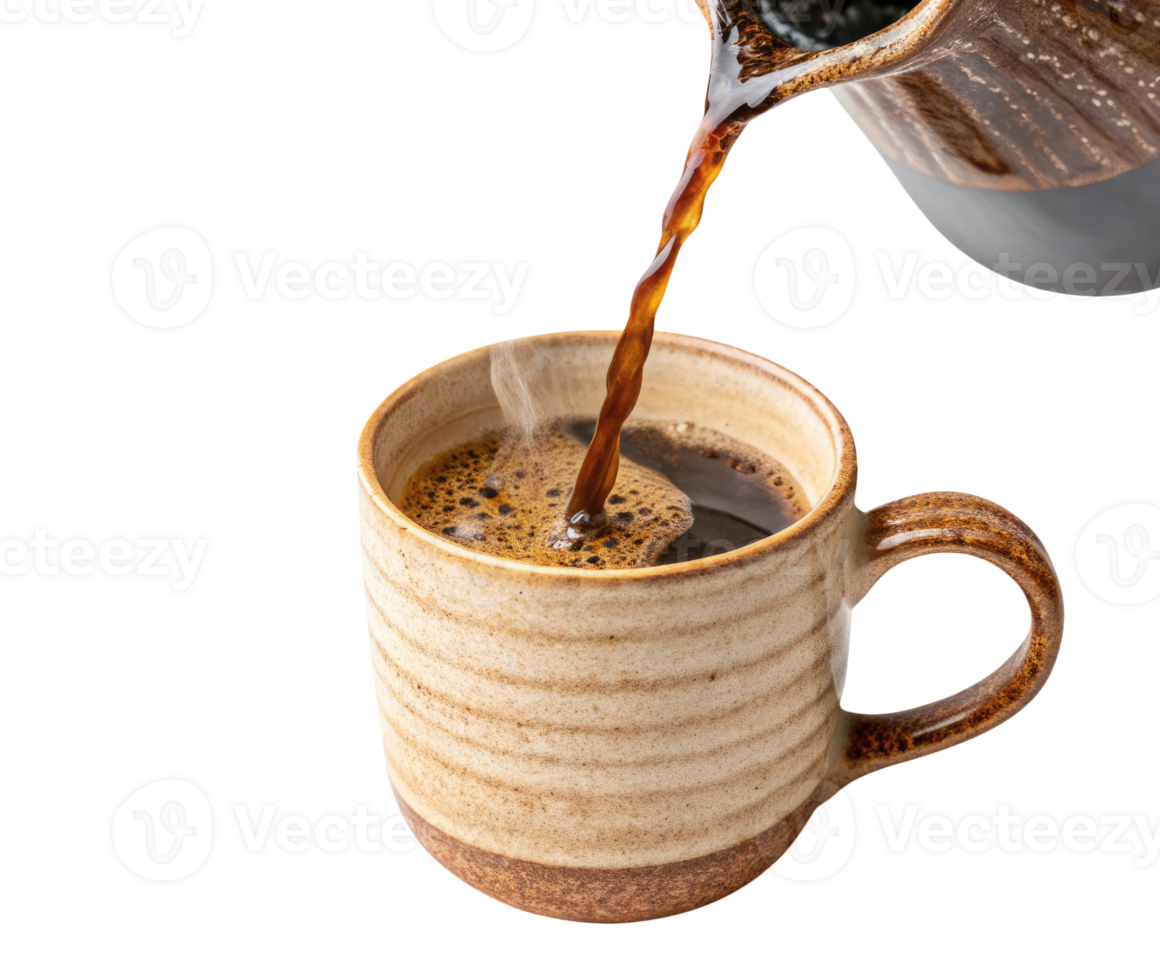 A tasty coffee being poured into a rustic ceramic mug isolated on a transparent background drinks design png
