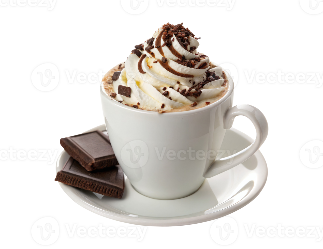 White cup of coffee with chocolate and chantilly isolated on a transparent background drinks design png
