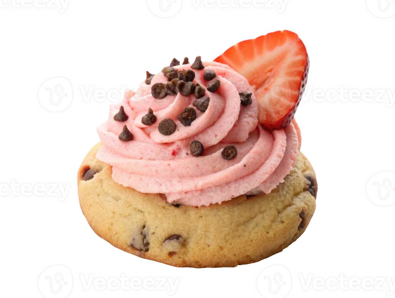 Chocolate chip cookie topped with creamy strawberry frosting cream isolated on a transparent background png