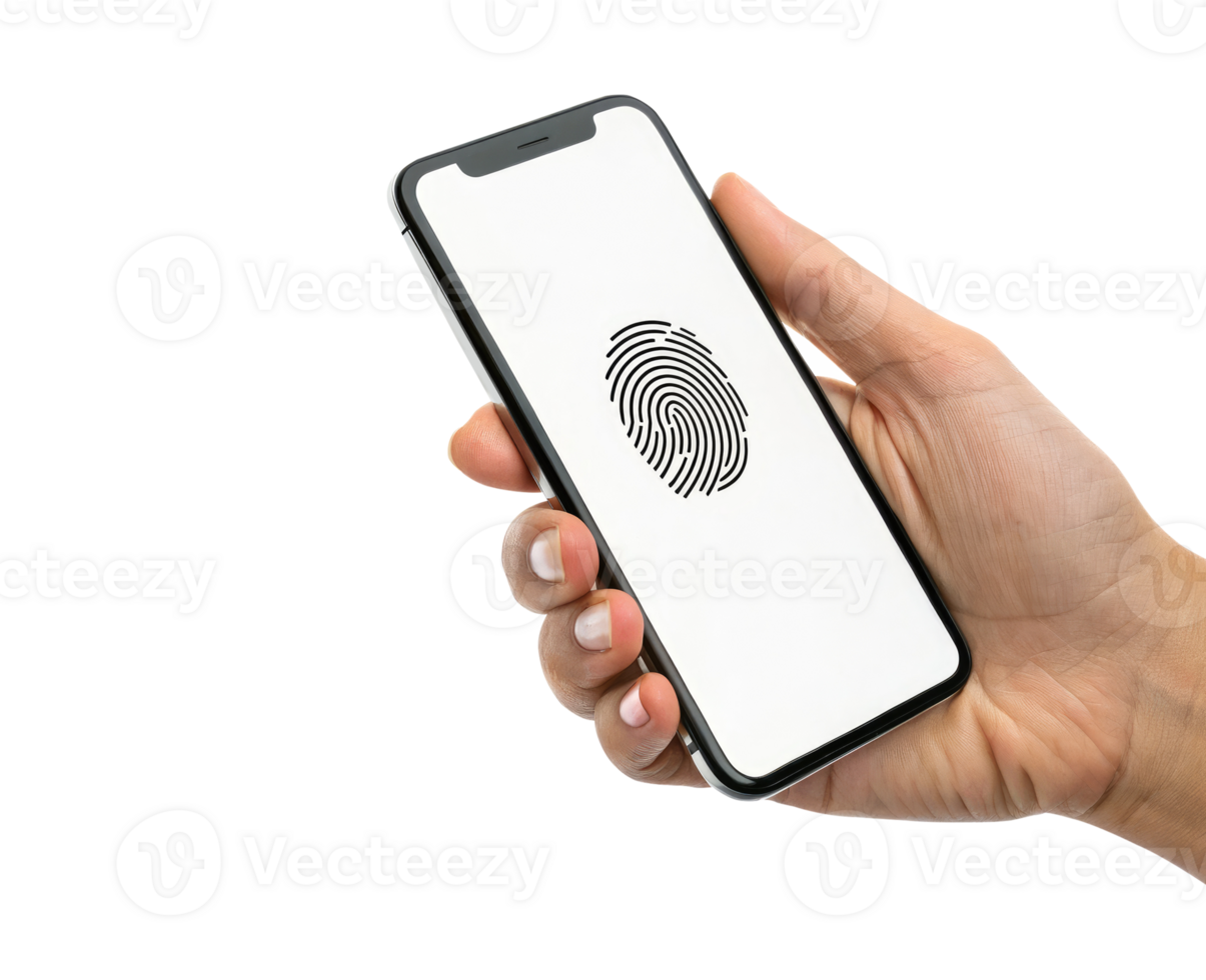 A hand holding a smartphone with a screen displaying a fingerprint icon isolated on a transparent background cyber security concept png
