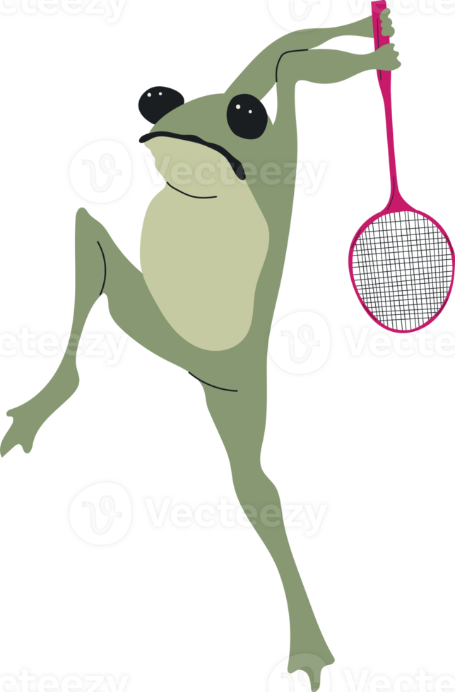 Cute cartoon frog gripping a badminton racket and shuttlecock png