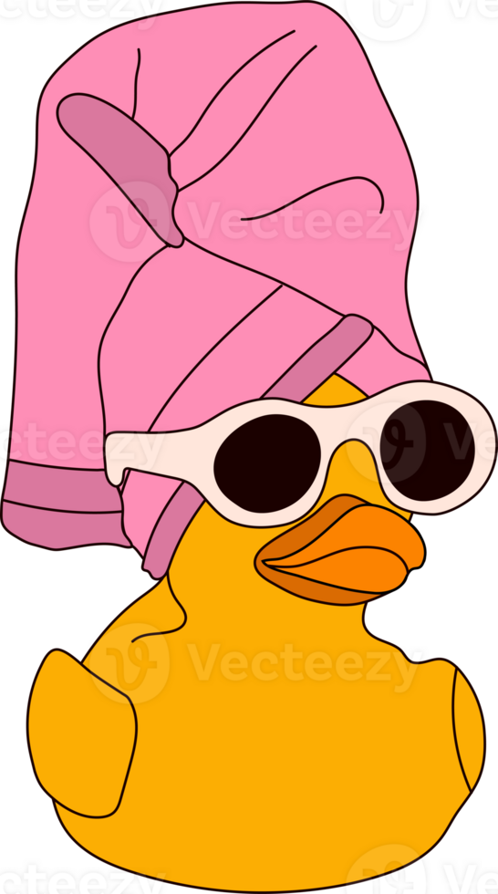 Cartoon rubber duck lounging with sunglasses, soaking up the relaxation on a pink towel png
