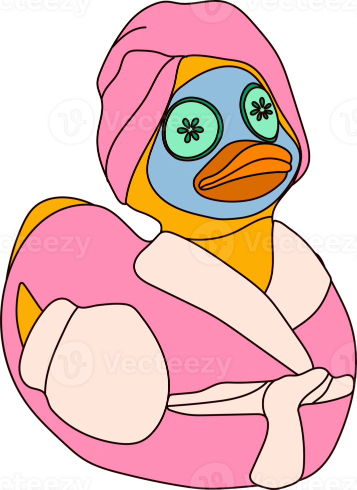 Cartoon rubber duck in spa mode, wearing a bathrobe and cucumber face mask, embracing a moment of relaxation and self-care png