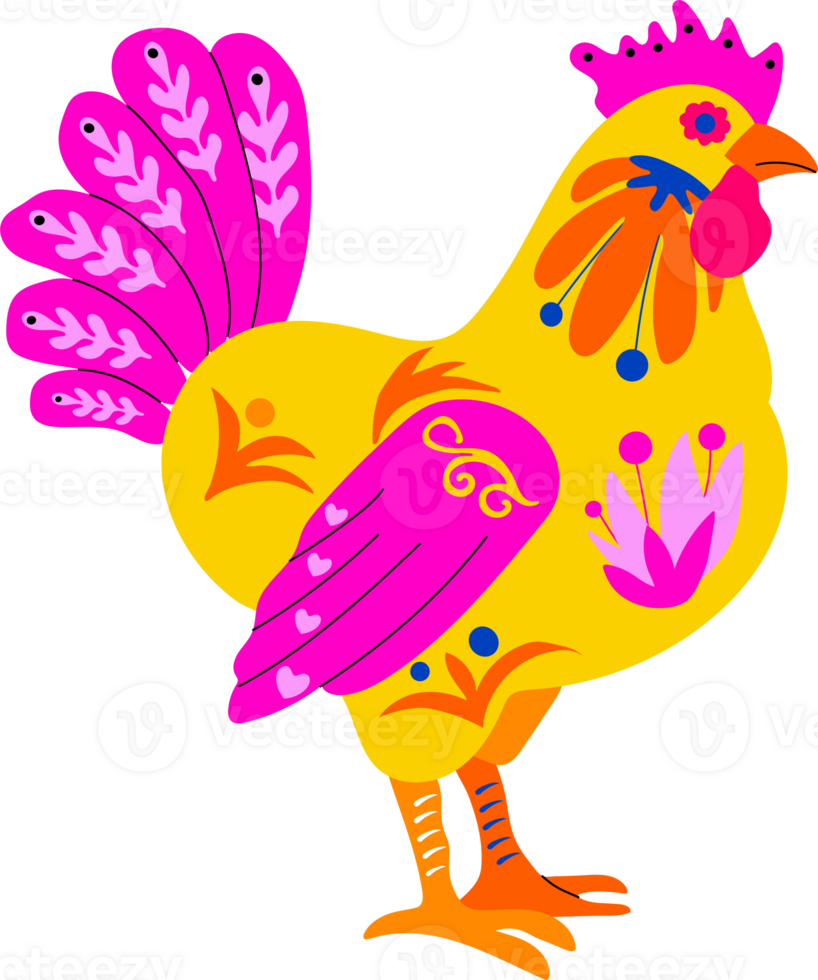 A Colorful Mexican Alebrije Rooster, Crafted as a Fantastic and Whimsical Animal in Traditional Folk Art Style png