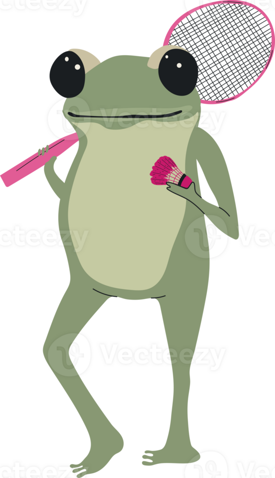 Cartoon frog enjoying a game of badminton with a racket png