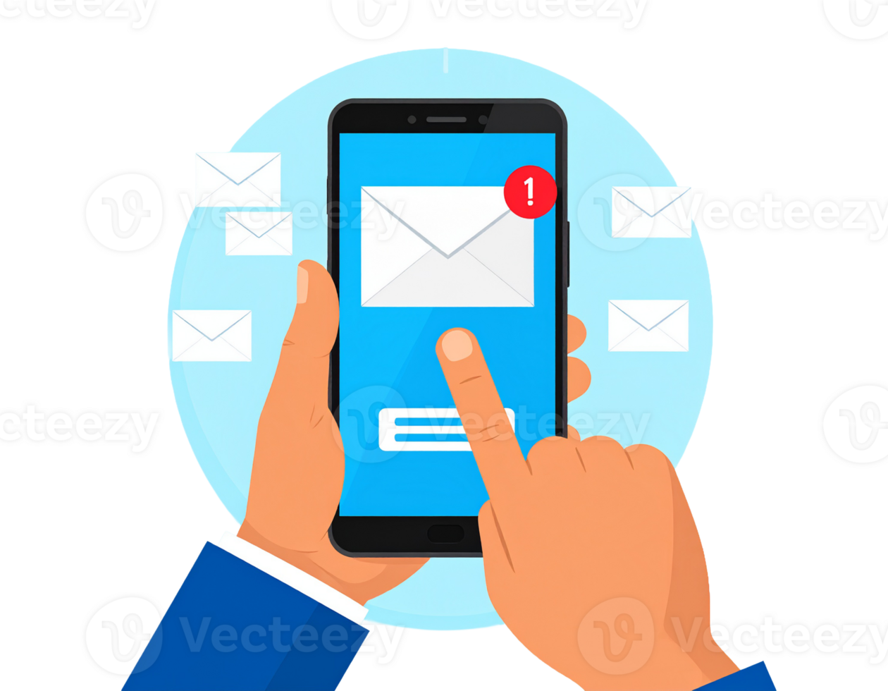 Businessman checking new email notification on smartphone with transparent background. png
