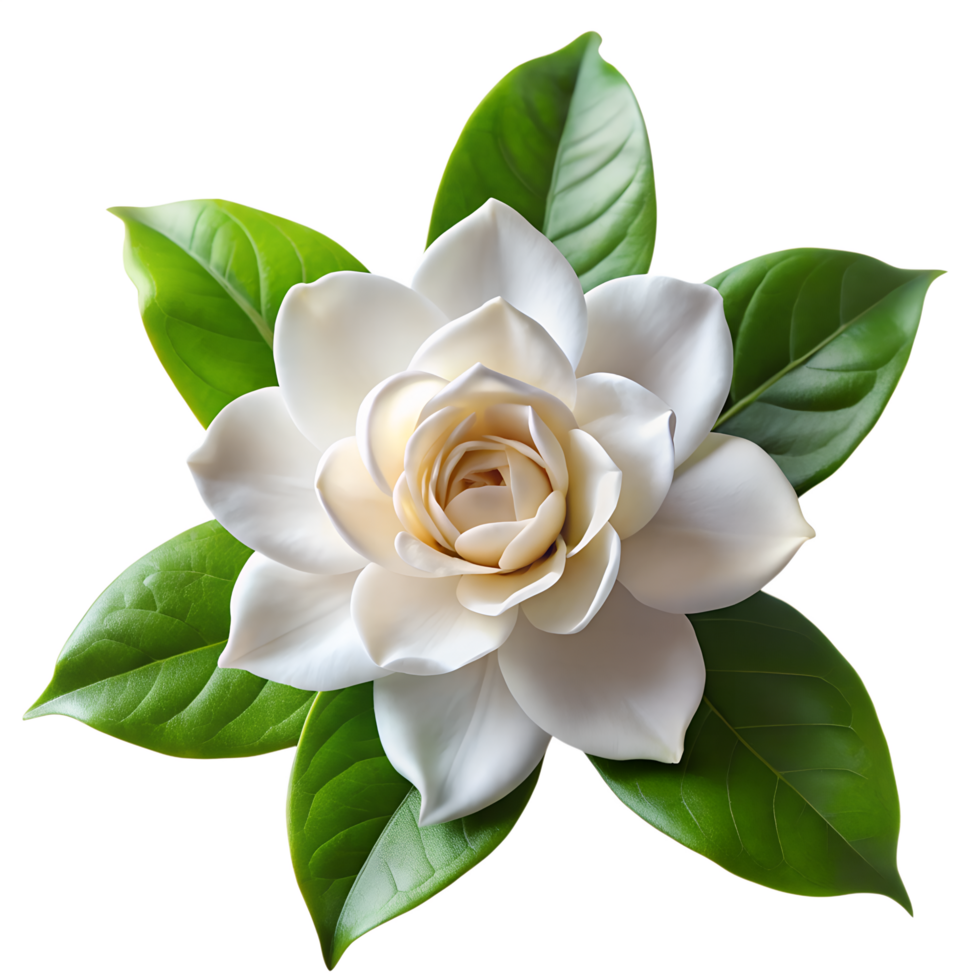 White Gardenia Flower with One Green Leaf Centered Photo png