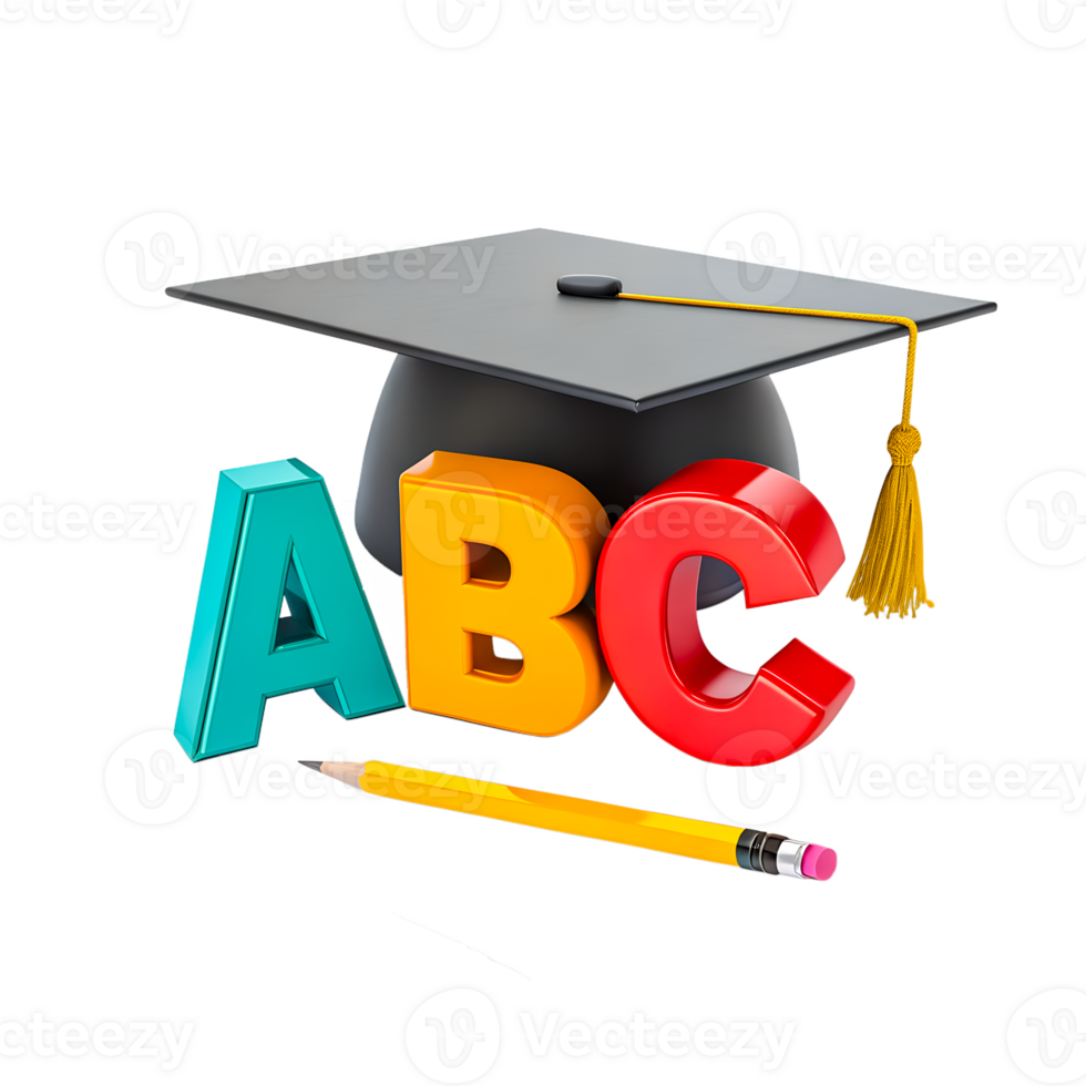 Colorful Alphabet Letters A B C with Pencil, Graduation Cap, 3D render, Representing back to school, Education and Learning png