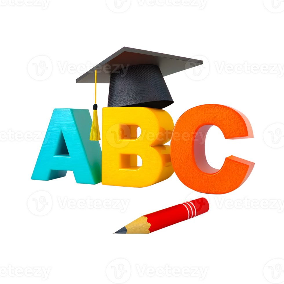 Colorful Letters A B C Alphabet with Pencil, Graduation Cap, 3D render, Representing back to school, Education and Learning png
