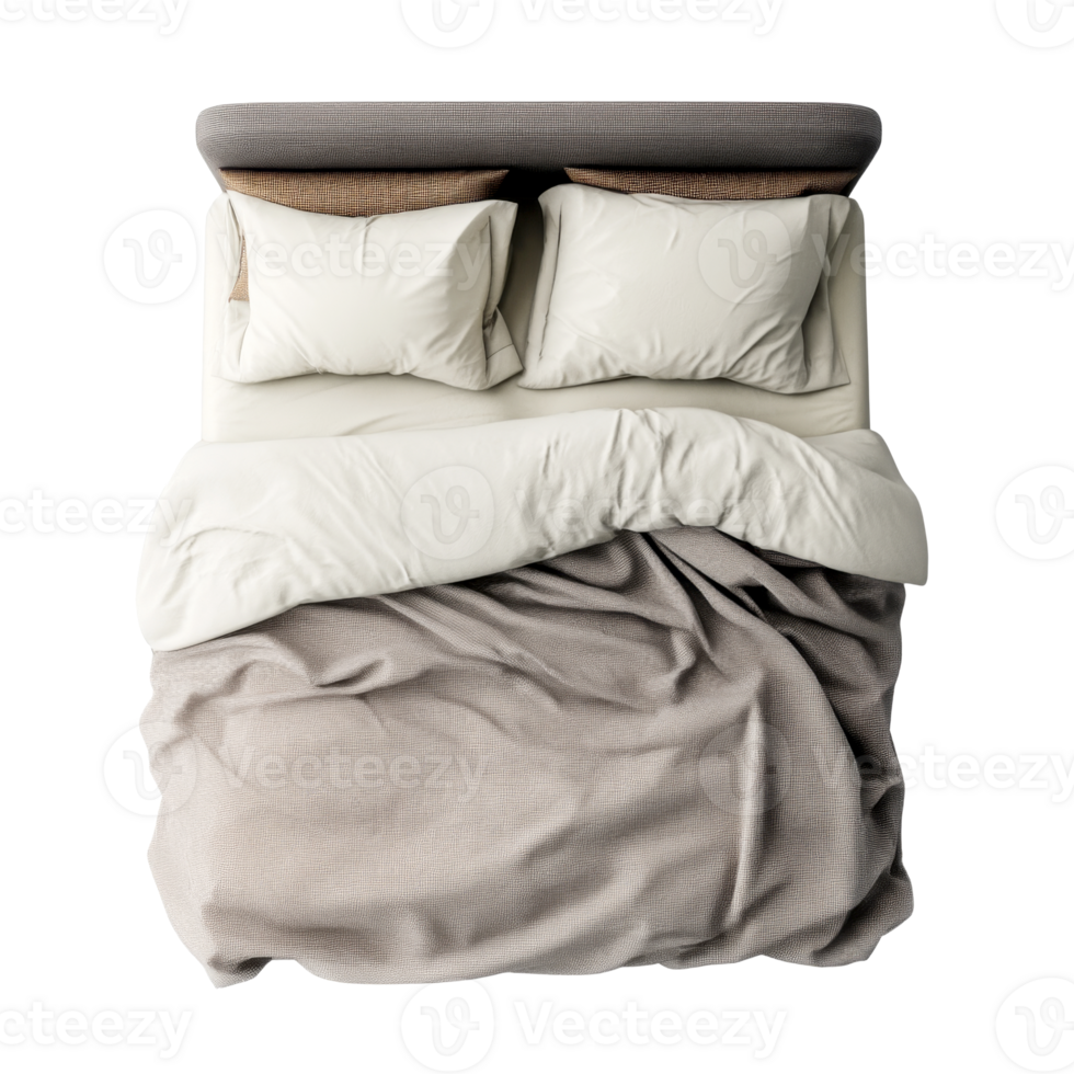 Bed with plaid blanket and pillows png
