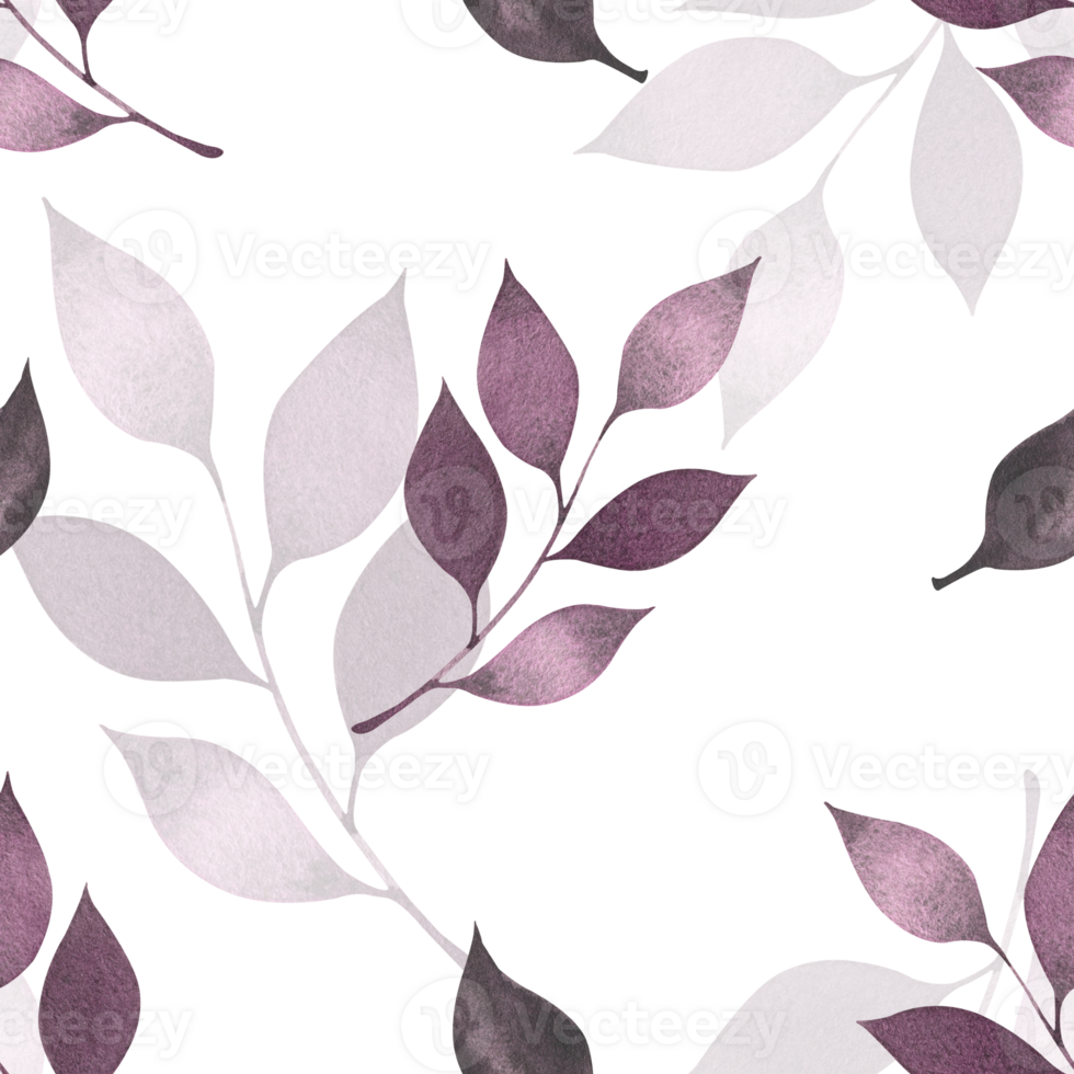 Watercolor seamless pattern with purple twigs with leaves. Print with twig and leaves. Autumn theme, hand drawn print for textile, scrapbooking, background. Purple, lilac, violet shades. png