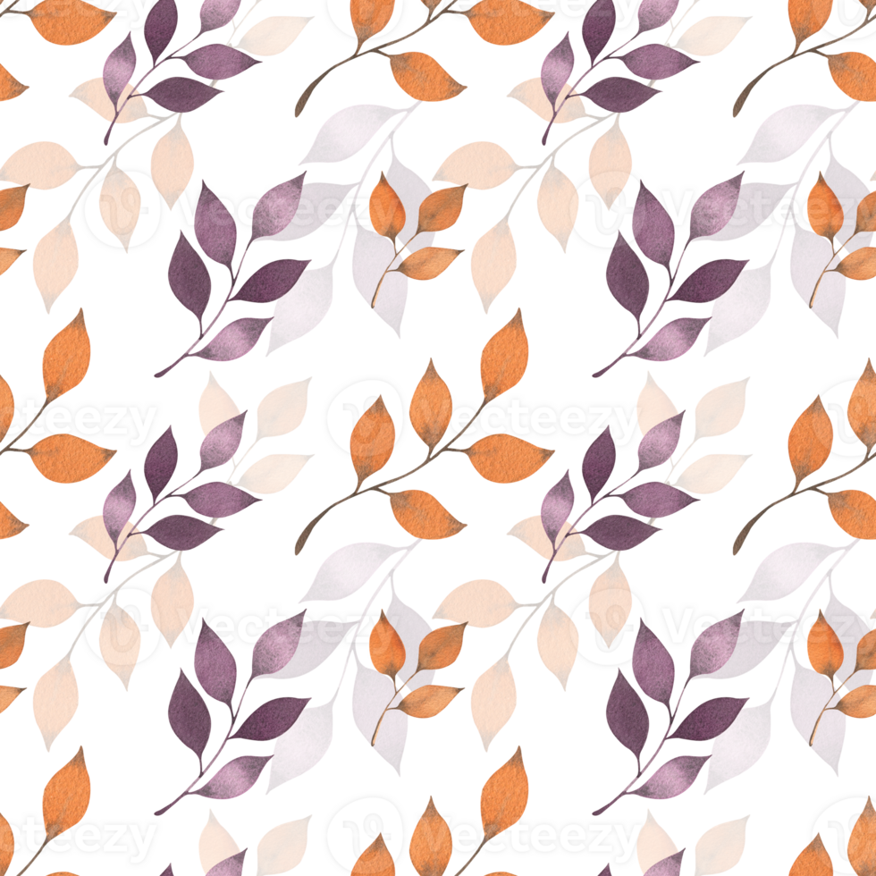 Watercolor seamless pattern with autumn branches and leaves. Autumn leaves of orange and purple colors. Print for design and decoration. Packaging, wrapping paper, background, scrapbooking png