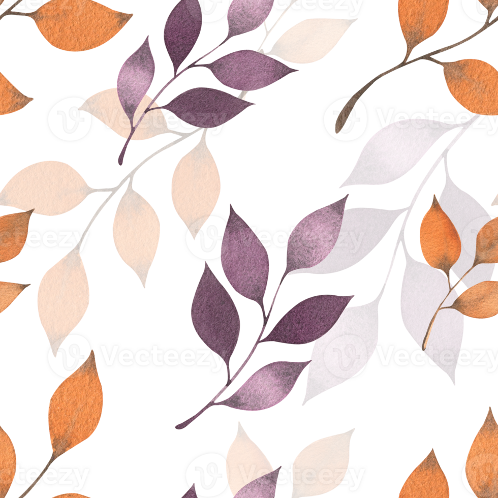 Watercolor seamless pattern with autumn branches and leaves. Autumn leaves of orange and purple colors. Print for design. Packaging, wrapping paper, background, scrapbooking png