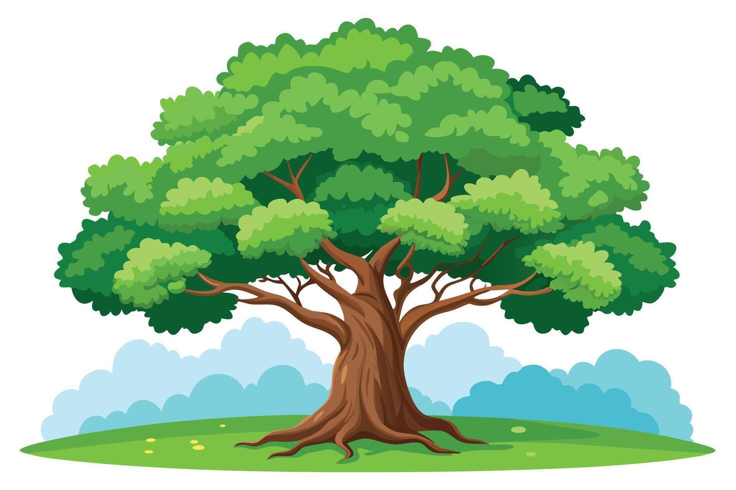 Illustration of a large tree on a green hill isolated on white background vector
