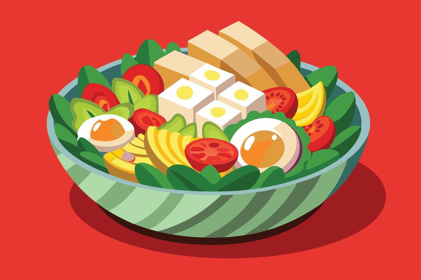Healthy salad with tofu and eggs on a red background illustration vector