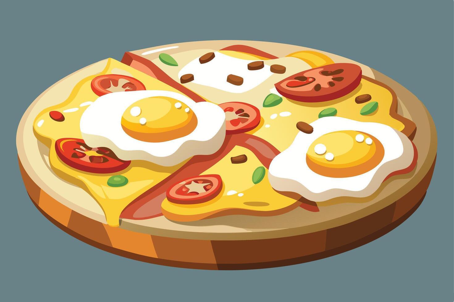 Delicious breakfast pizza with eggs and cheese, ready to eat. vector