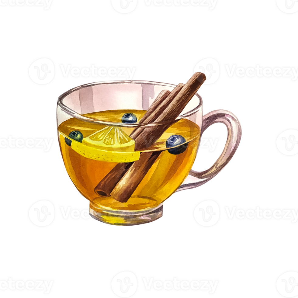 A cup of tea with lemon and cinnamon. Glass transparent cup filled with tea, watercolor illustration. png
