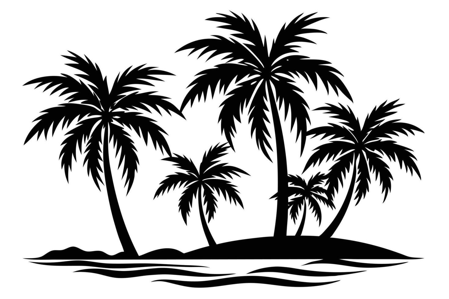 Black and White Silhouette of Tropical Island with Palm Trees vector