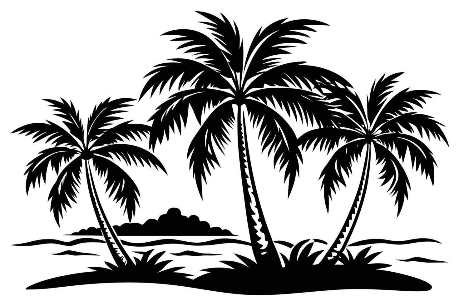 A Black and White Silhouette of Tropical Island with Palm Trees vector