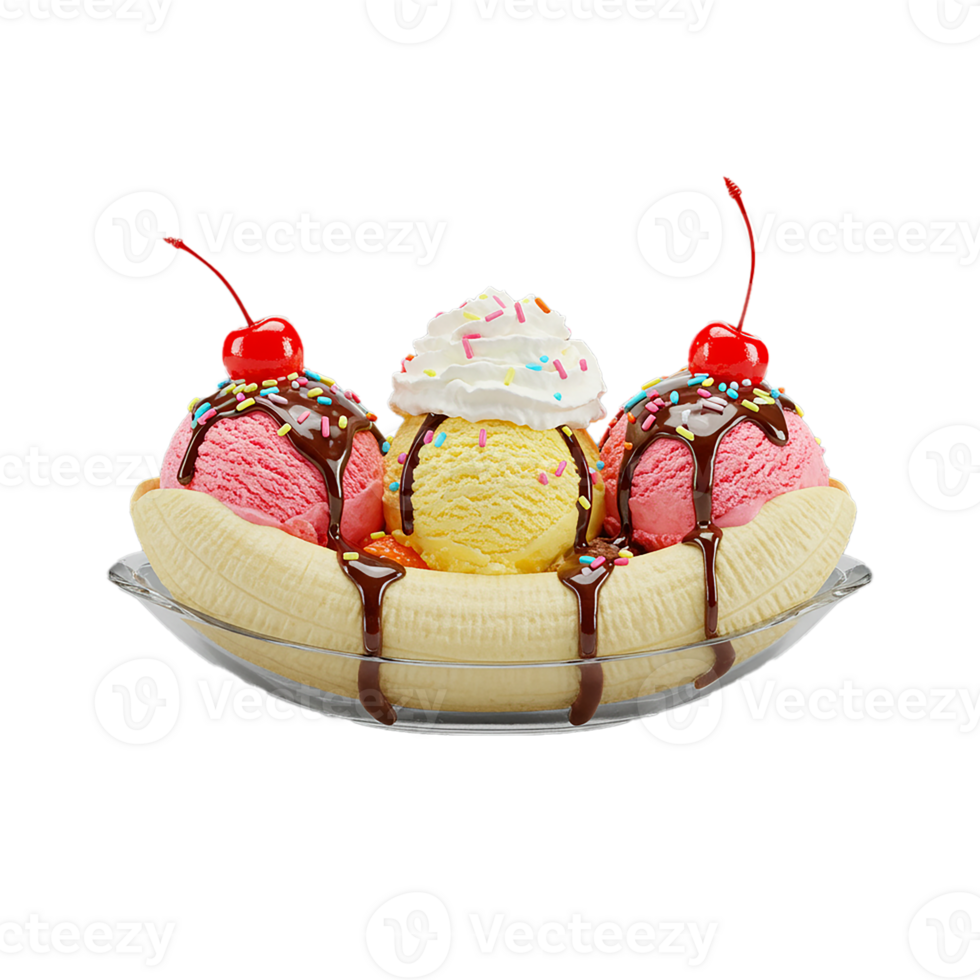 Delicious Banana Split Sundae with Three Scoops of Ice Cream, Whipped Cream, Cherries and Chocolate Sauce png