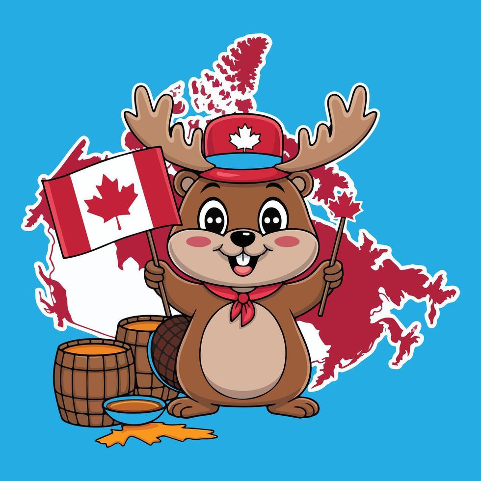 Canada Day Cartoon Art with Adorable Beaver and Maple Leaf vector